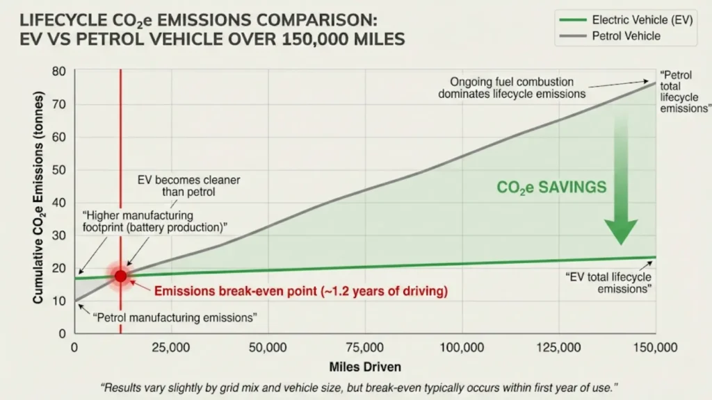 EV and petrol car lifecycle CO2 emissions comparison showing early break-even and lower total EV emissions