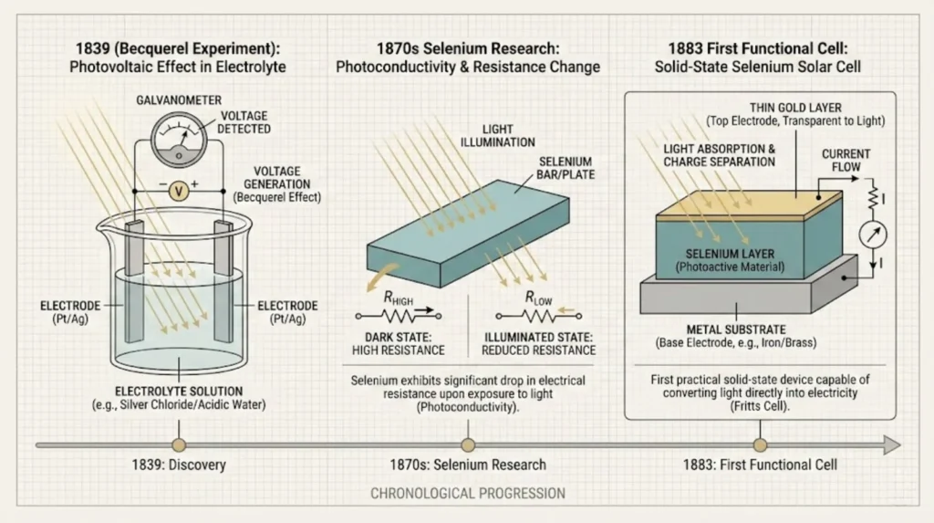 Early solar cell development diagram from 1839 experiment to 1883 selenium cell