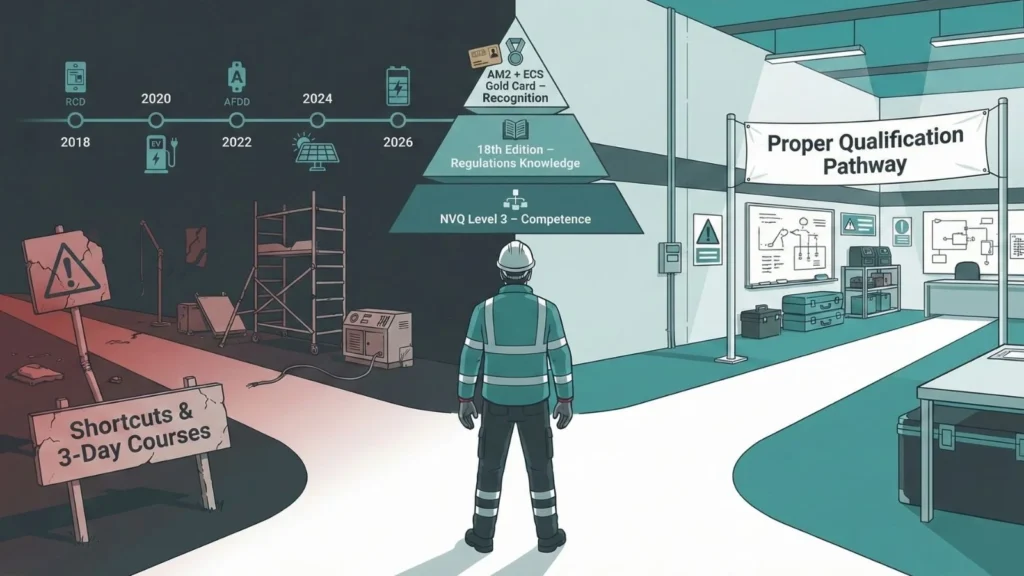 Electrician choosing between shortcut courses and a proper qualification pathway.