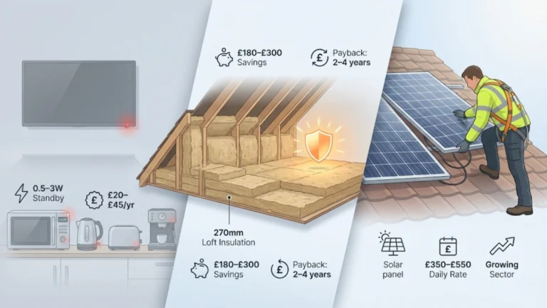 Featured energy efficiency illustration showing standby appliances, loft insulation at 270mm depth, and electrician installing solar panels with impact comparison icons
