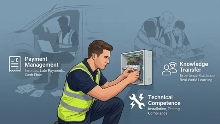 Featured illustration showing electrician onsite with icons representing technical skill, payment management, and mentorship