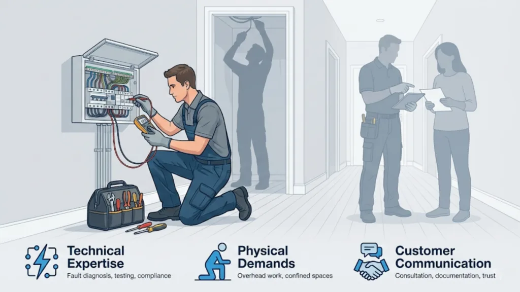 Illustrated electrician working onsite with icons representing technical expertise, physical demands, and customer communication skills
