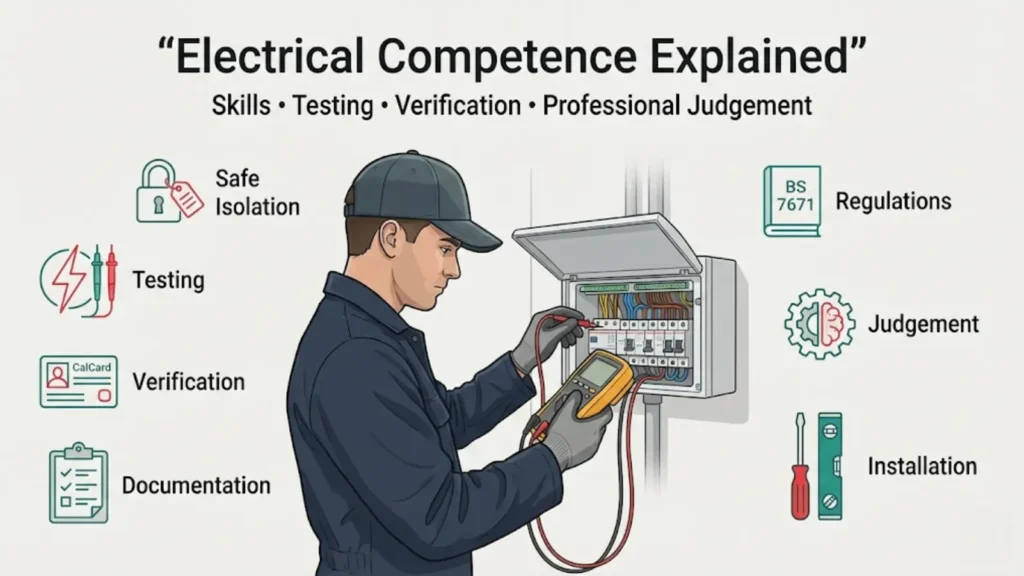 Illustration of an electrician wearing a safety cap performing professional electrical testing