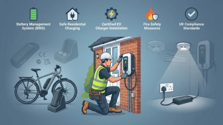 Illustration showing electrician installing EV charger onsite with compliant e-bike battery system, safe residential charging setup, and safety icons explaining UK compliance standards