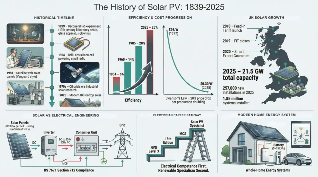 Infographic showing the history of solar PV from 1839 to 2025, efficiency and cost trends, UK solar growth, system components, and electrician career pathway.