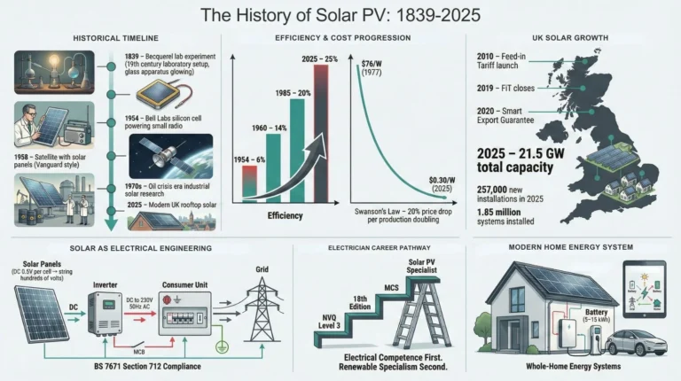 Infographic showing the history of solar PV from 1839 to 2025, efficiency and cost trends, UK solar growth, system components, and electrician career pathway.
