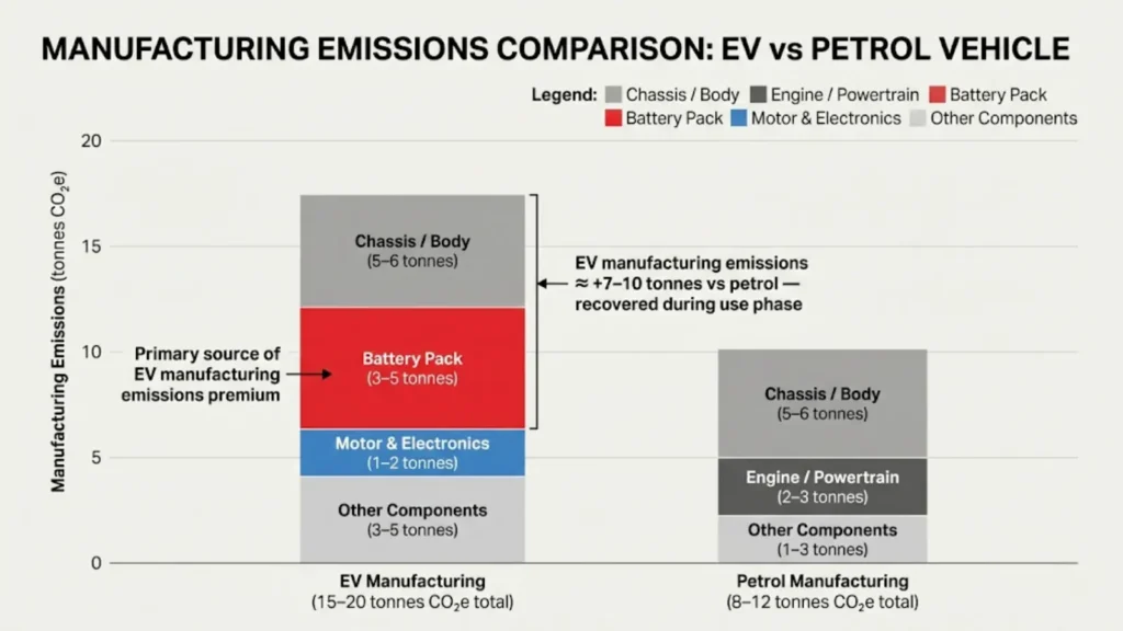 Manufacturing CO2 breakdown comparing electric vehicle batteries with petrol engines