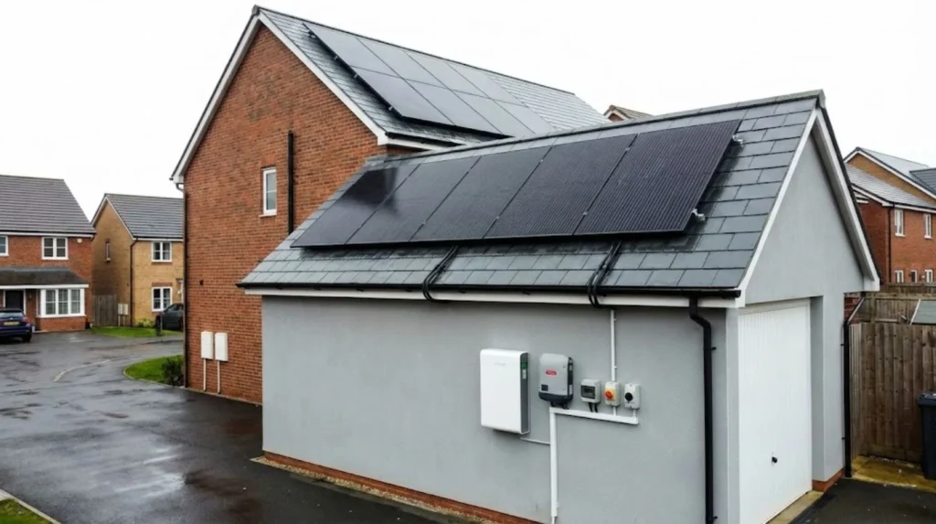 Modern UK solar installation with battery storage