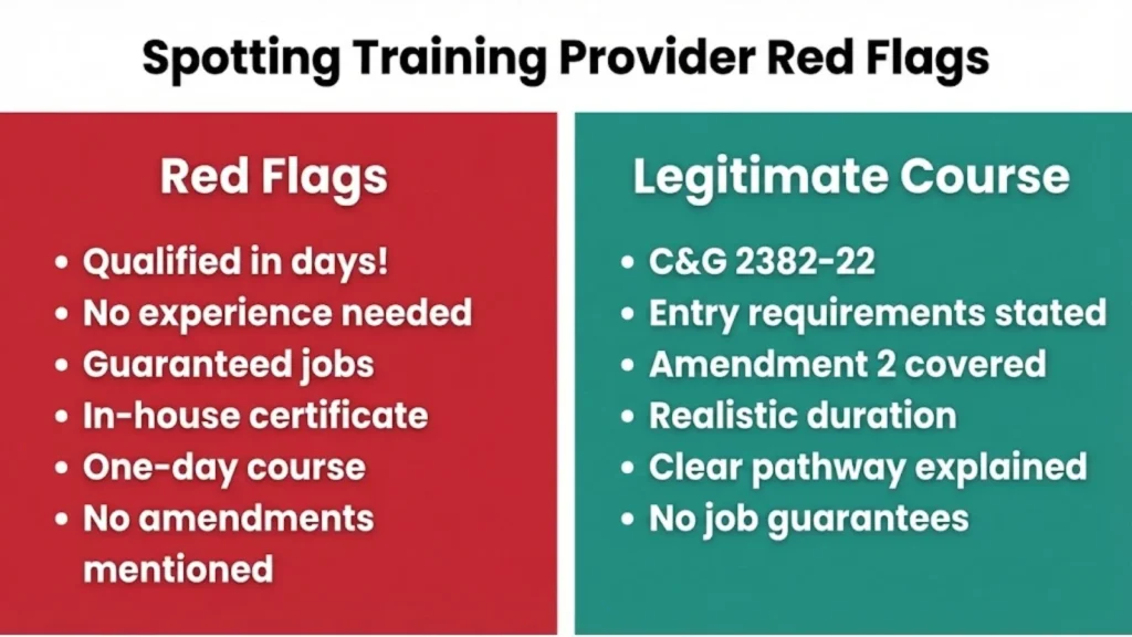 Side-by-side list comparing training provider red flags with legitimate course signs.