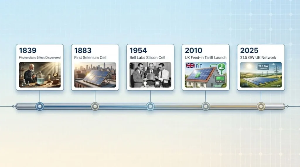 Solar energy timeline from 1839 discovery to 2025 UK 21.5 GW capacity.