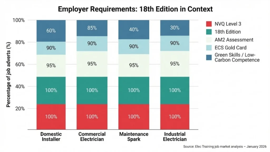 Stacked bar chart showing employer qualification requirements for electricians.