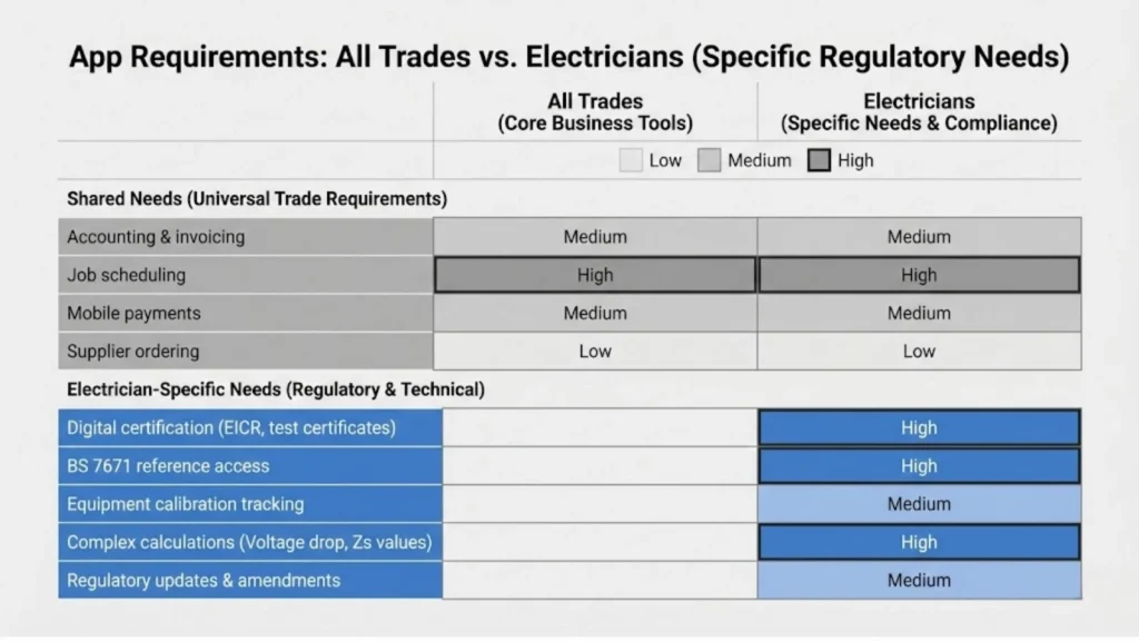 Table comparing app needs for all trades versus electricians, highlighting electrician-specific compliance tools.