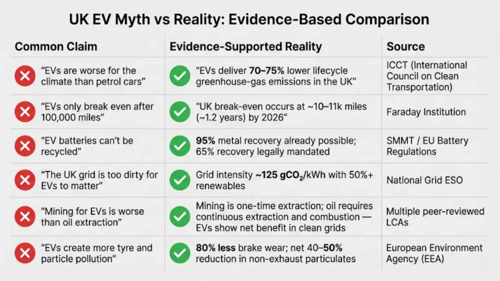 Table debunking common electric vehicle myths using verified data