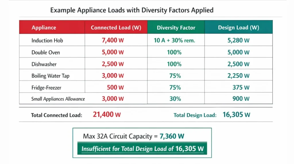 Table showing example kitchen appliance loads with diversity factors applied, comparing total connected load to reduced design load and highlighting a 32A circuit shortfall.