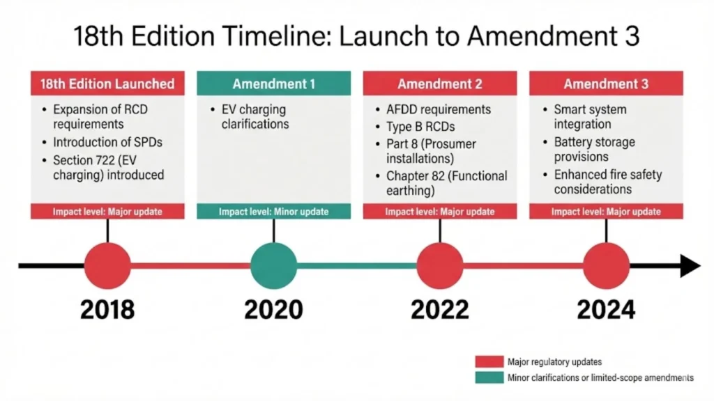 Timeline showing the 18th Edition BS 7671 from launch in 2018 to Amendment 3 in 2024.