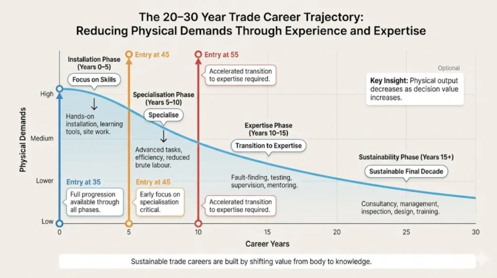 Trade career timeline showing physical demands decreasing over 20–30 years as experience, specialisation, and expertise increase.
