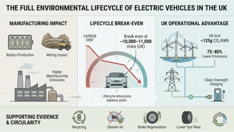 Visual summary of EV manufacturing emissions, break-even point, and lower lifetime CO2 impact versus petrol vehicles.