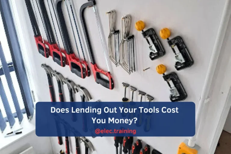 electrician tools including saws, cutters, hammers, and screwdrivers neatly hung on the wall