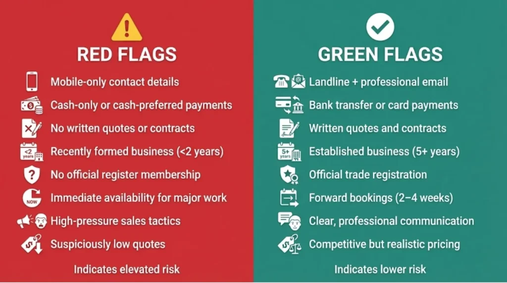 Split infographic showing “Red Flags” versus “Green Flags” when hiring trades, comparing warning signs like cash-only payments and no contracts against good practices such as written quotes, official registration, and professional communication.