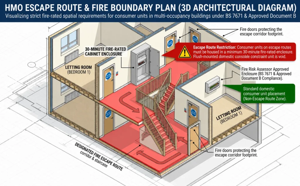 3D HMO building diagram showing fire escape routes, fire-rated enclosures, and consumer unit placement.