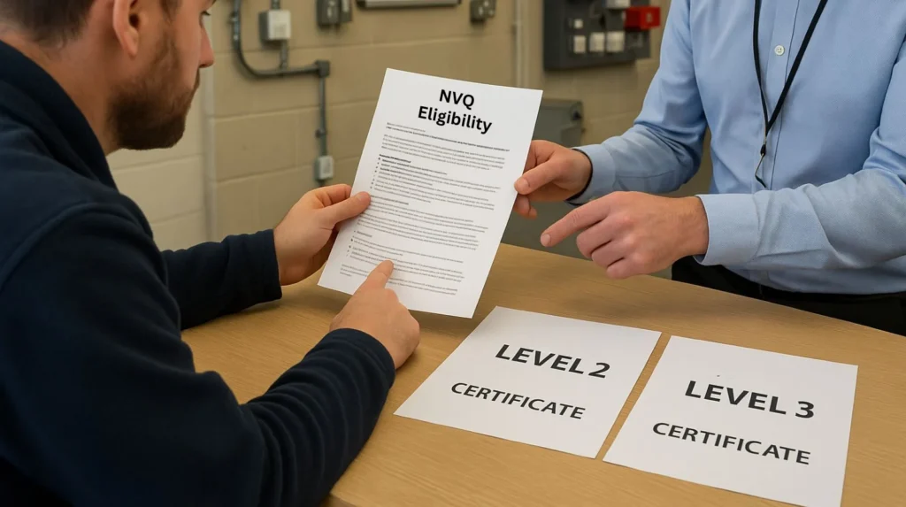 Adult learner reviewing NVQ Level 3 eligibility requirements and entry criteria with training provider advisor