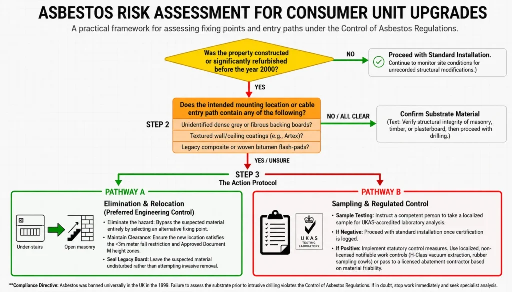 Asbestos risk assessment flowchart for consumer unit upgrades showing inspection steps and action pathways.