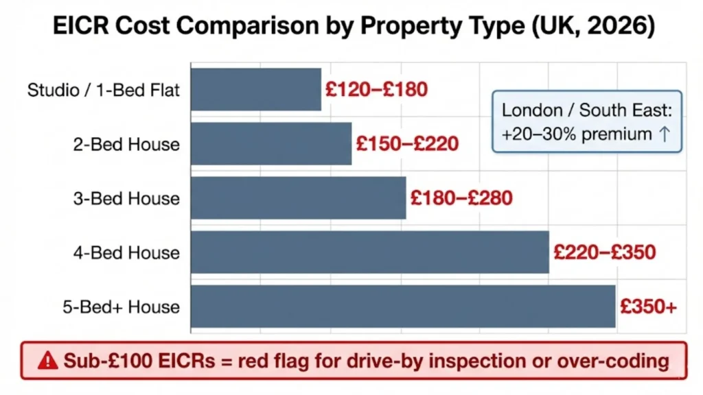 Bar chart comparing typical EICR costs by UK property size.