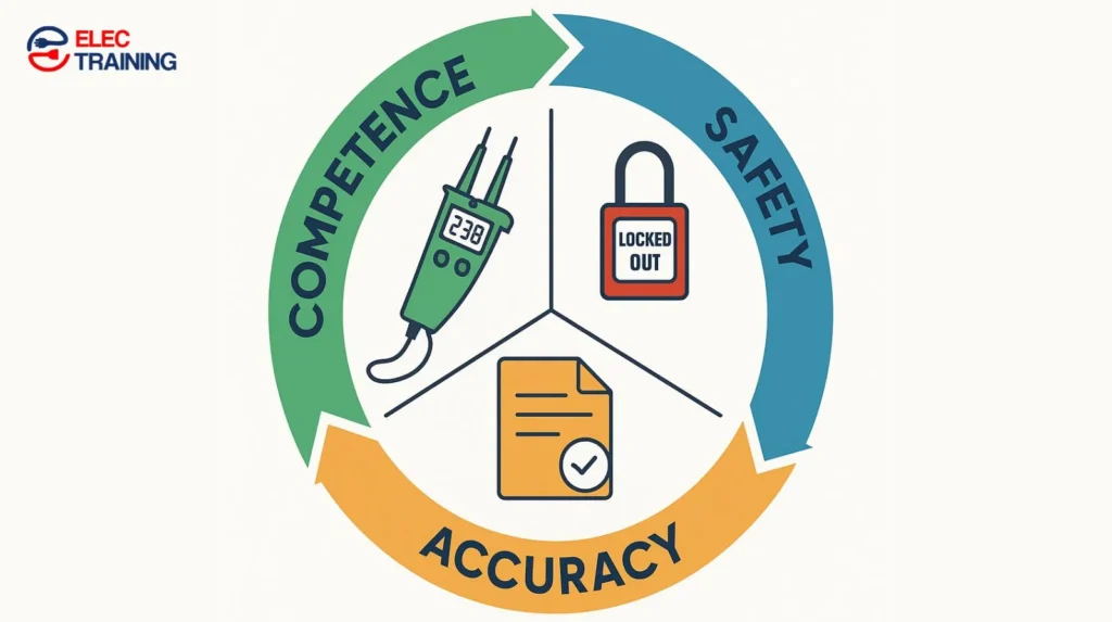 Circular UK electrical infographic with sections for Competence, Safety, and Accuracy, featuring icons of a two-pole tester, lock-off padlock, and test certificate