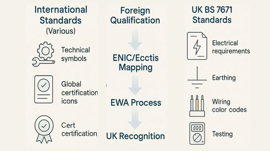 Diagram comparing international electrical standards to UK BS 7671 requirements showing qualification conversion pathway