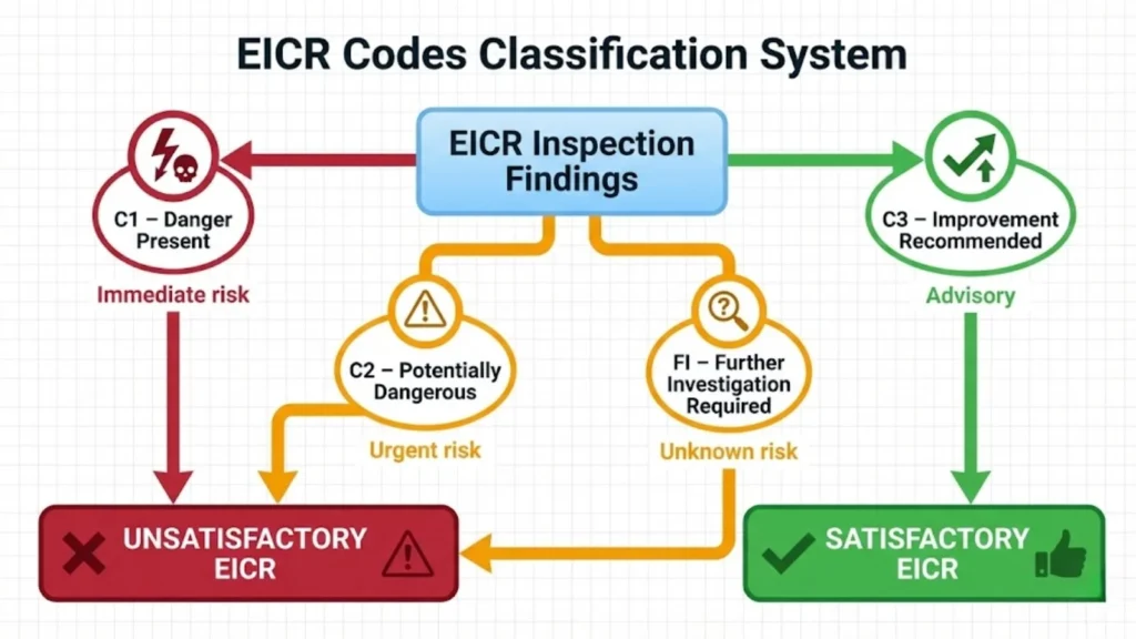 Diagram showing EICR inspection codes (C1, C2, C3, FI) and how they lead to satisfactory or unsatisfactory outcomes.