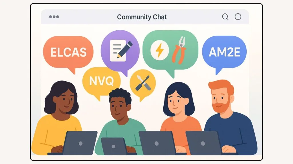 Digital chat room illustration with diverse users, laptops, and colourful bubbles showing ELCAS, NVQ, and AM2E icons