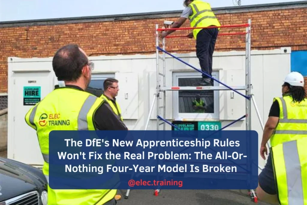 Elec Training trainees working on a scaffold outside a training unit