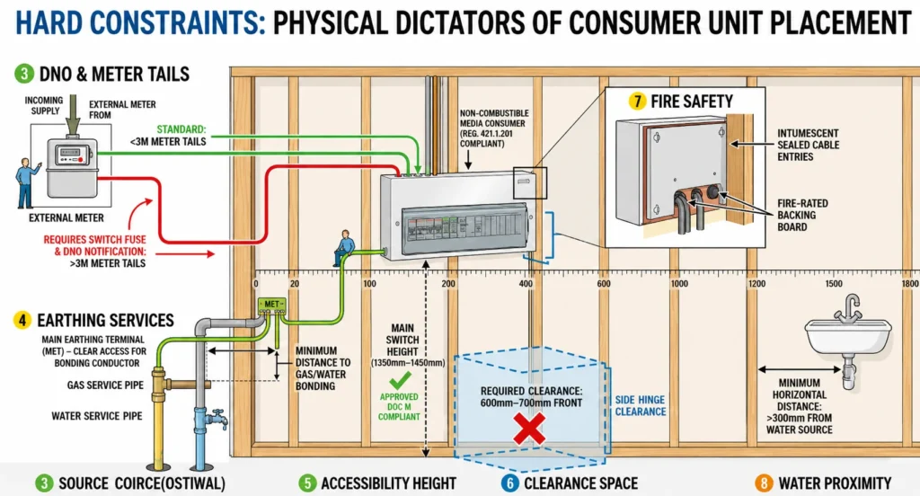 Electrical consumer unit placement infographic showing UK installation requirements, including meter tails, earthing, mounting height, clearance space, fire safety, and water proximity guidelines.