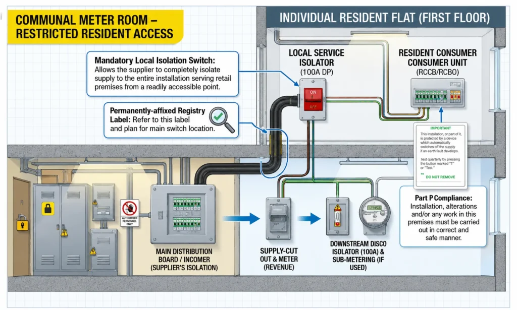 Electrical system diagram showing a communal meter room connected to an individual resident’s consumer unit and isolation switch.