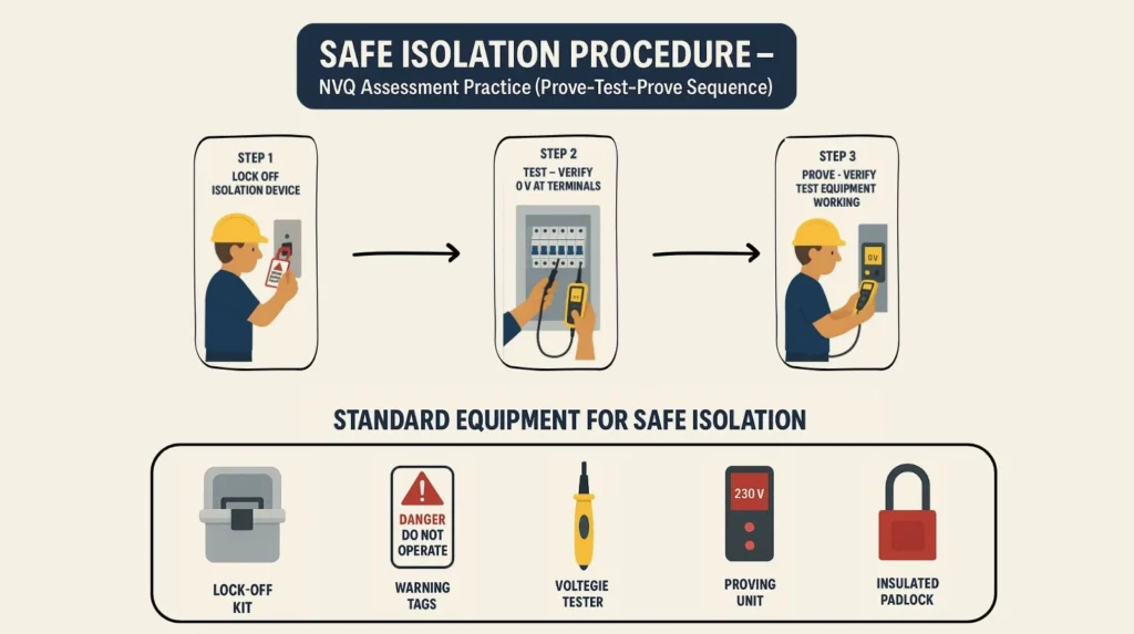 Electrical training assessment showing safe isolation procedure with lock-off and voltage testing