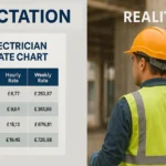 Electrician pay chart beside a worker on a construction site