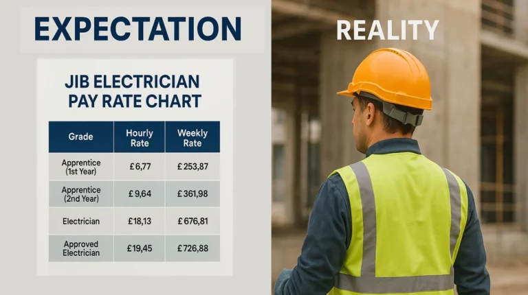 Electrician pay chart beside a worker on a construction site