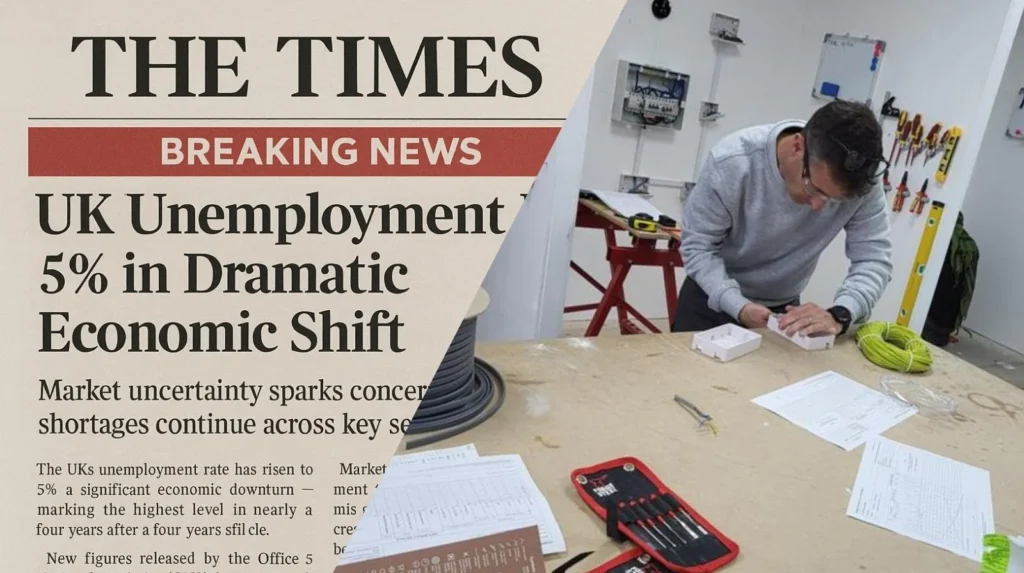 Electrician working on consumer unit while unemployment headlines show economic uncertainty