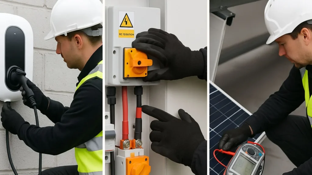 Electricians performing EV charging, battery storage, and solar PV installation work requiring EAS 2024 Level 3 qualifications