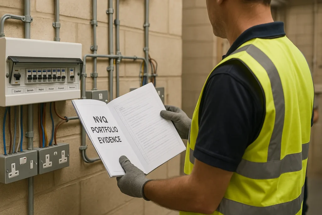 Ex-police officer completing NVQ Level 3 electrical portfolio work in Elec Training facility