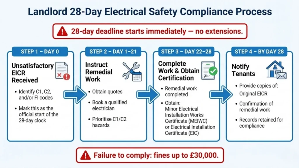 Flowchart showing the 28-day steps landlords must follow after an unsatisfactory EICR.