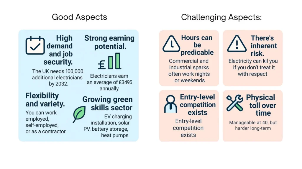 Graphic showing good and challenging aspects of becoming an electrician.