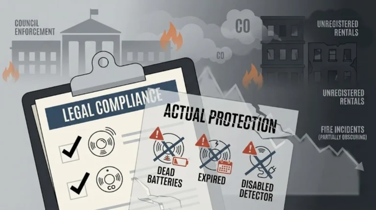 Illustration comparing legal compliance checklists with real safety risks, showing smoke and CO alarms that are present but ineffective due to dead batteries, expiry, or being disabled.