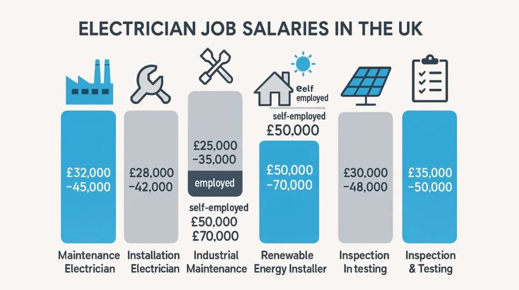 Infographic bar chart comparing UK electrician salaries with icons and salary ranges from £25,000 to £70,000.