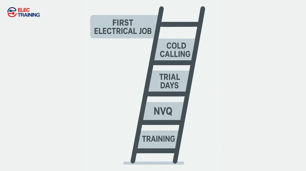 Infographic ladder showing steps to an electrical career Training, NVQ, Trial Days, Networking, Cold Calling, First Electrical Job.