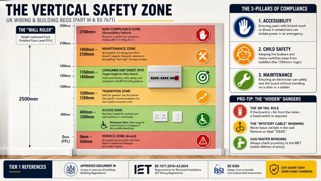 Infographic showing UK consumer unit installation height zones and electrical safety compliance guidelines.