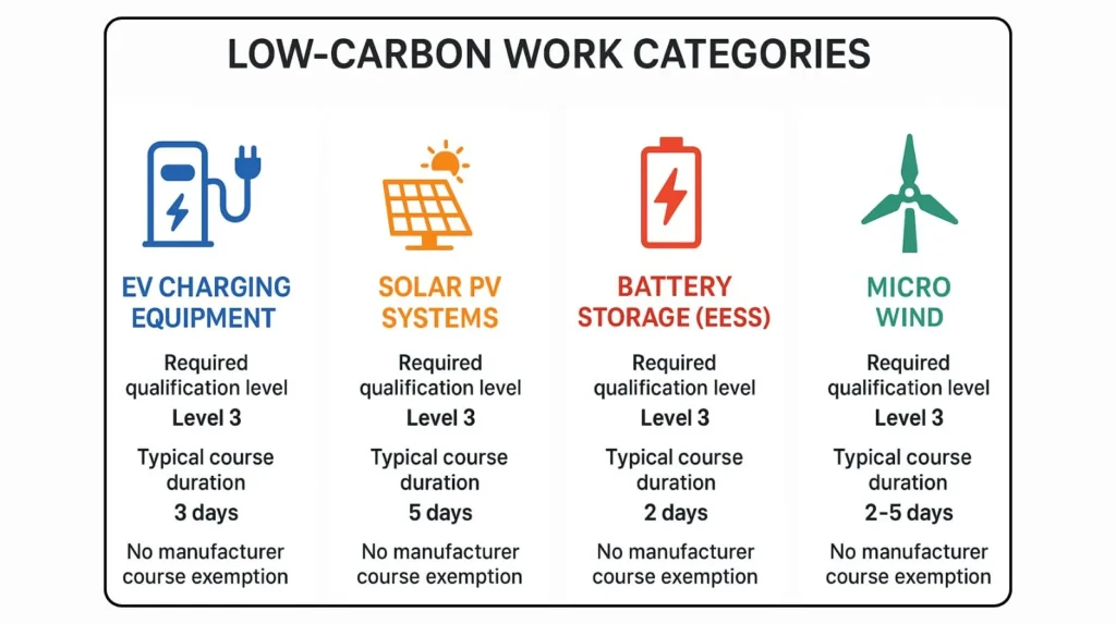 Infographic showing four new mandatory EAS 2024 low-carbon work categories requiring Level 3 qualifications