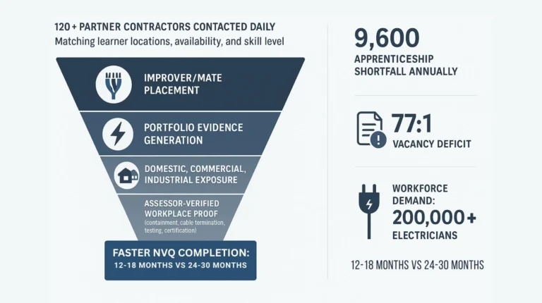 Infographic showing the electrical NVQ recruitment funnel with placement stages and UK workforce shortage statistics.