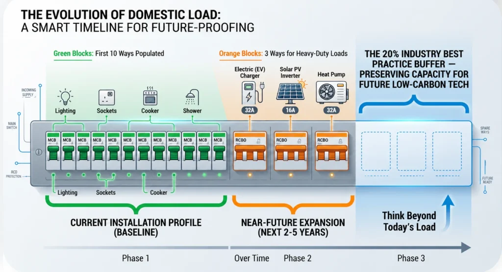 Infographic showing the evolution of domestic electrical load, with a consumer unit illustrating