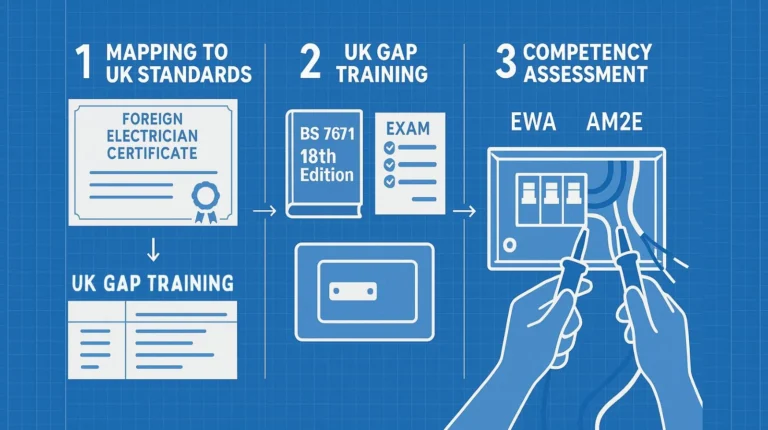 Infographic showing three steps for foreign electricians to convert to UK qualifications.